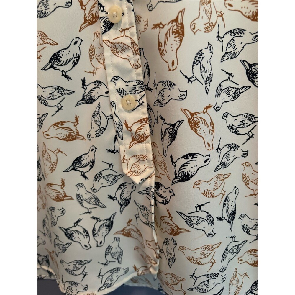 Ellen Tracy Button-Up Blouse Womens XS Ivory Bird Print Oversized Long - Picture 3 of 8